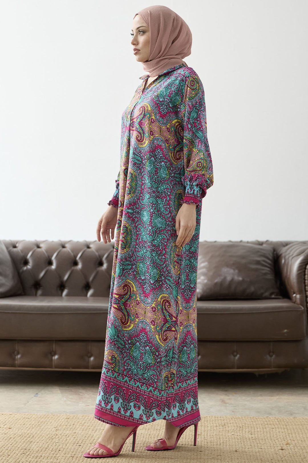 MDS Women Judge Collar Ethnic Pattern Viscose Dress - Fuchsia - Fleet