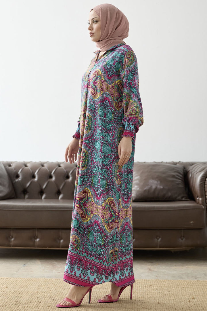 MDS Women Judge Collar Ethnic Pattern Viscose Dress - Fuchsia - Fleet