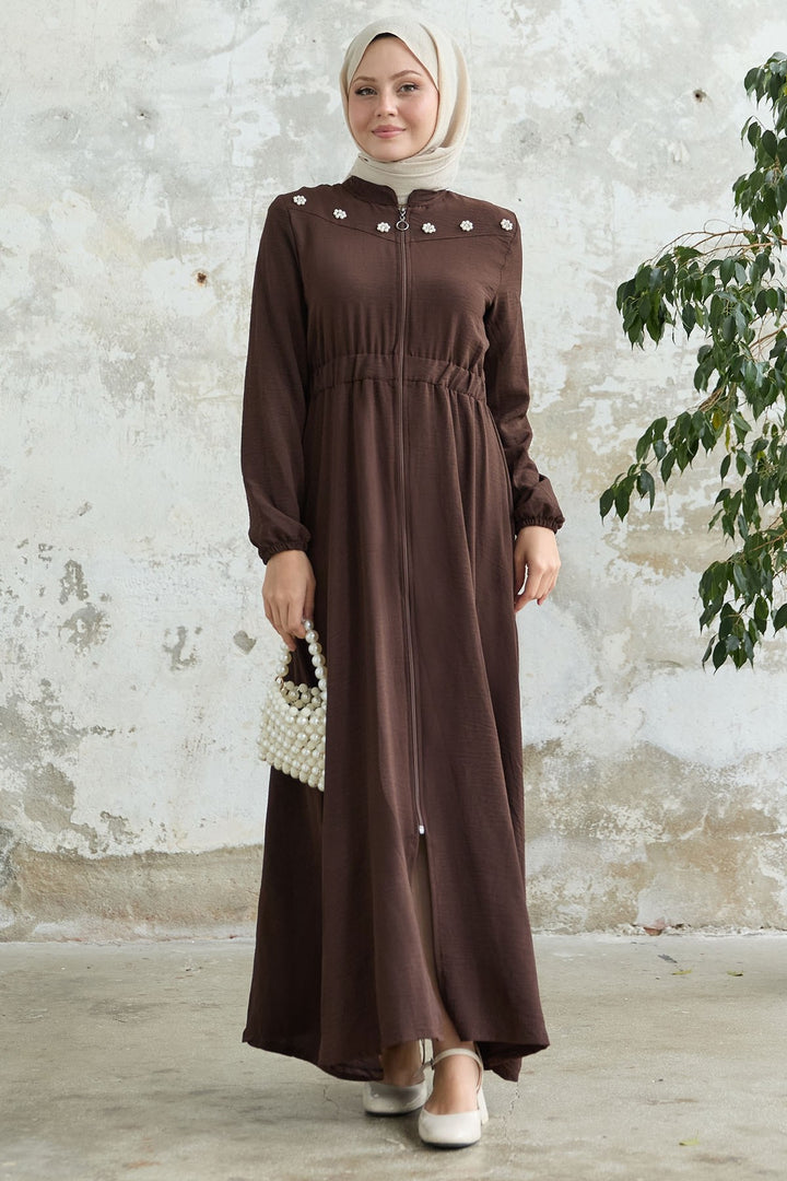 MDS Women Flower Pearl Embroidered Elastic Dark Brown Abaya - Alcira