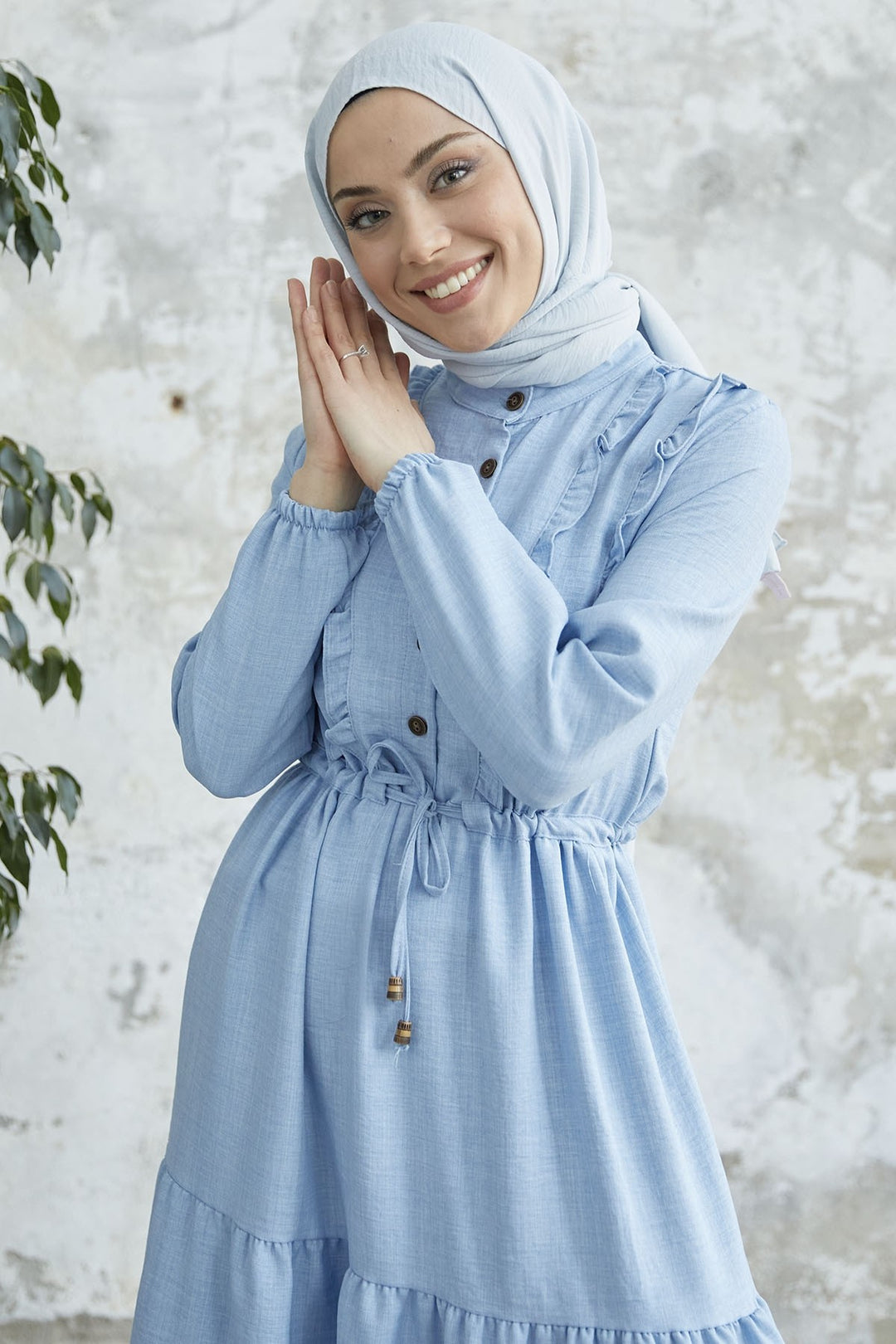 MDS Women Frilly Detail Buttoned A-line Dress - Baby Blue - Villajoyosa
