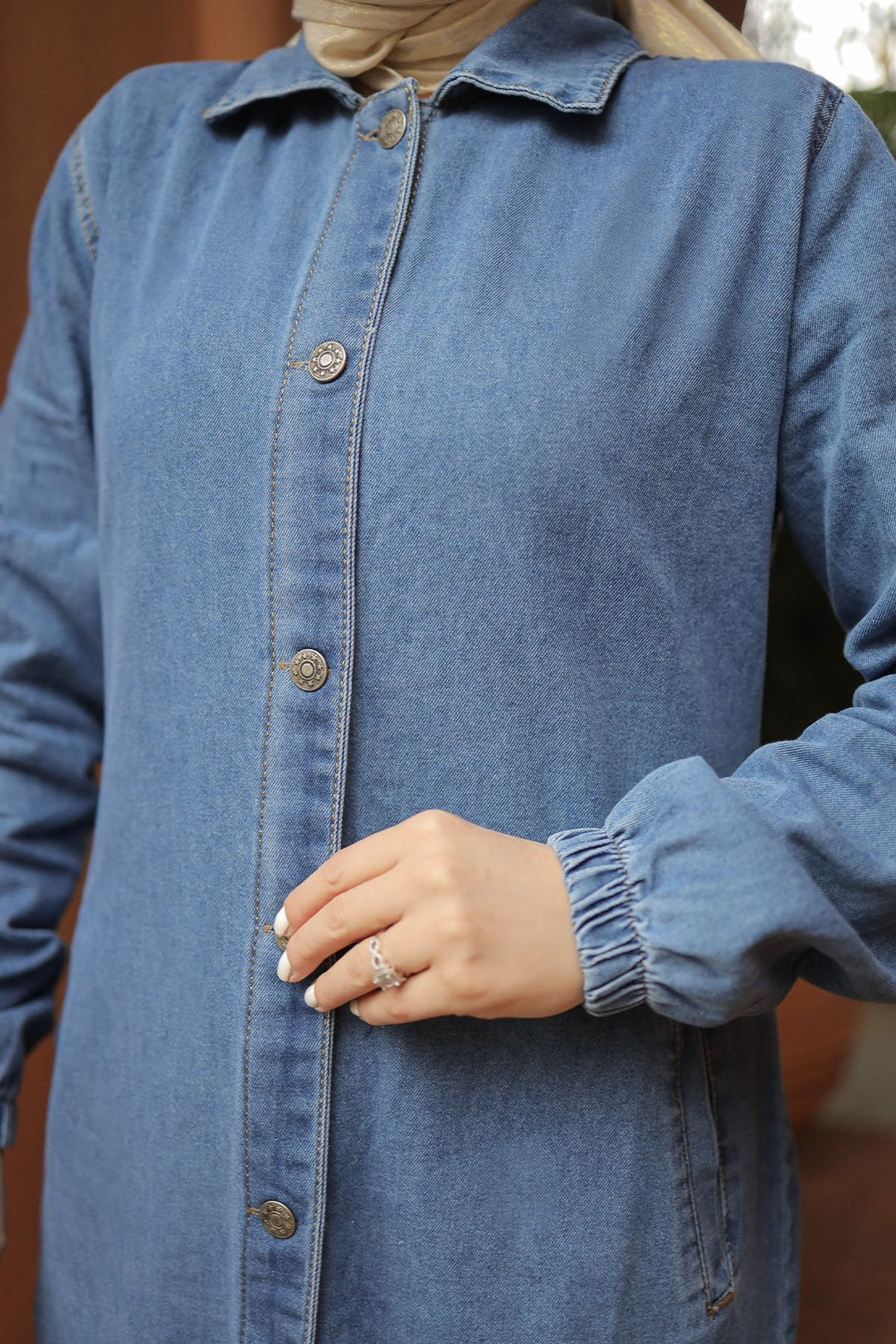 MDS Women Pocket Buttoned Denim Abaya - Blue - Santo Domingo Tehuantepec