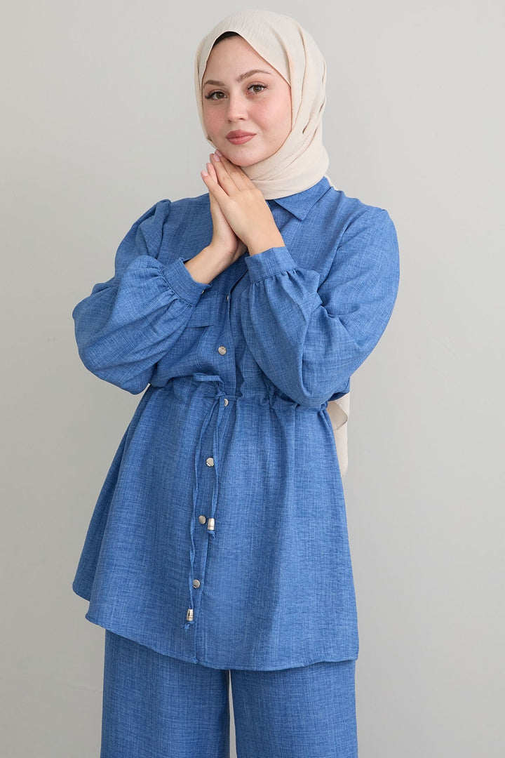 MDS Women Tunnel Arched Blue Linen Suit - Hutchinson