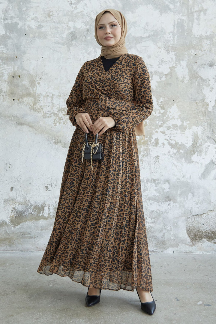 MDS Women Patterned Wrap Neck Chiffon Dress - Brown - Kobryn