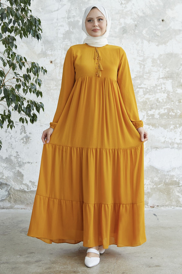 MDS Women Lace-Up Yoryo Chiffon Dress - Mustard - Lemgo