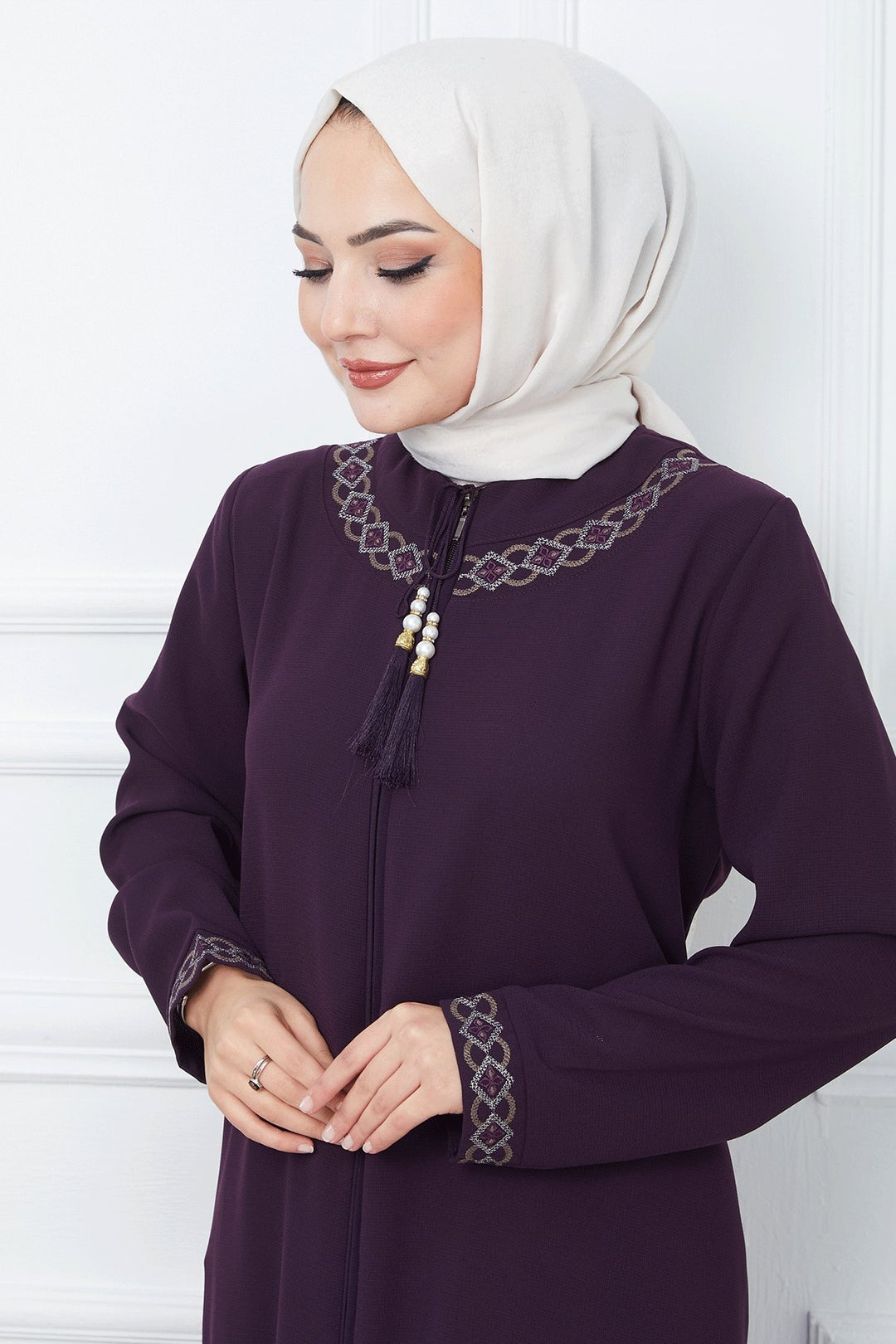 MDS Women Embroidered Pattern Honeycomb Fabric Ferace - Purple - Veenendaal
