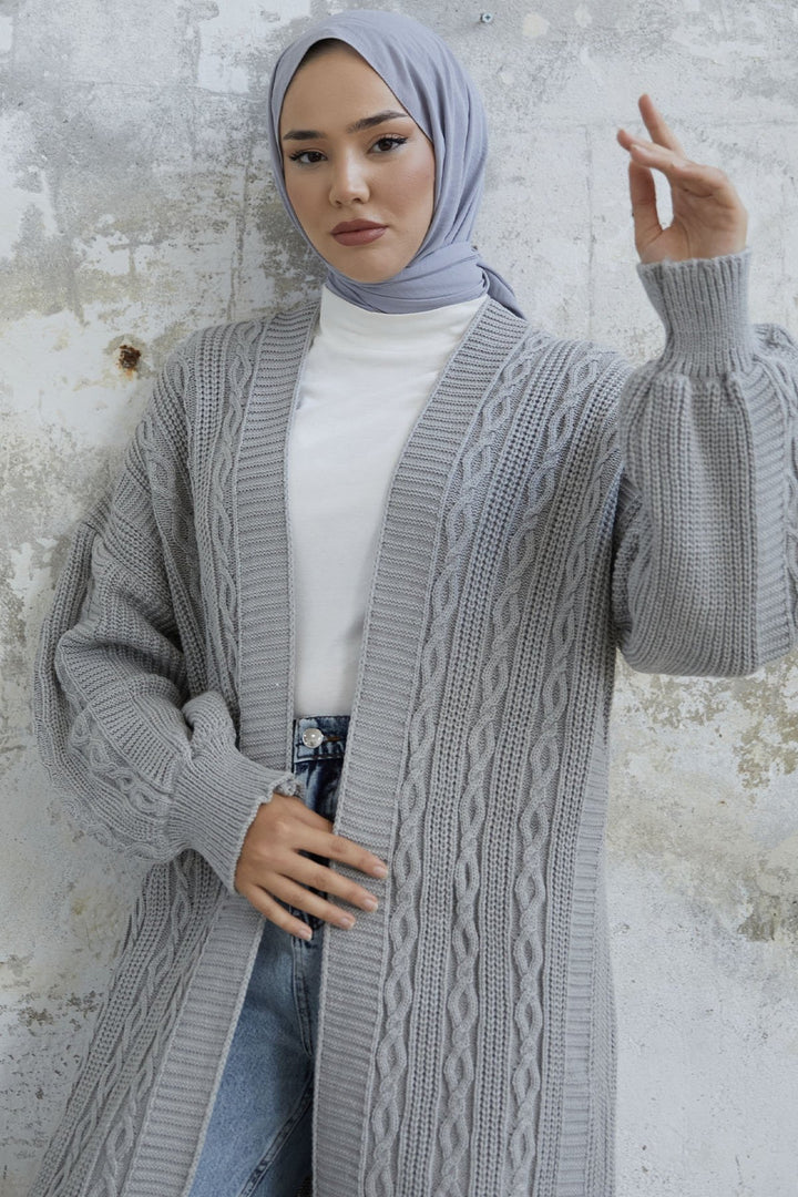 MDS Women Molly Chain Pattern Knit Cardigan - Grey - Herten