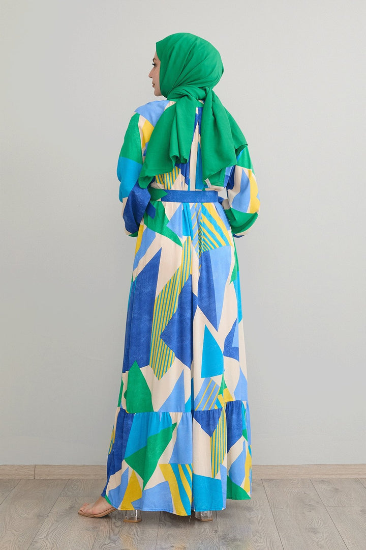 MDS Women Geometric Patterned Belted Blue Viscose Dress - Columbus