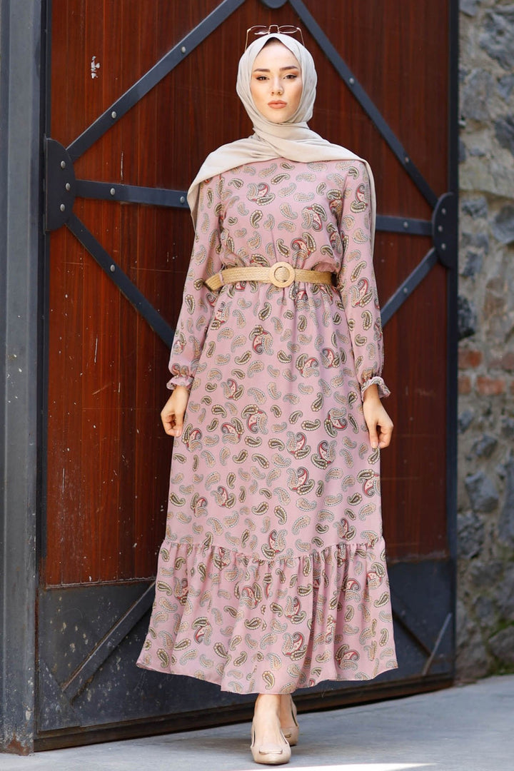 MDS Women Mesh Belted Chiffon Dress with Shawl Pattern - Rose Pink - Paramount