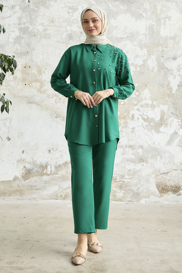 MDS Women Linen Set with Emerald Green Embroidery - Washington