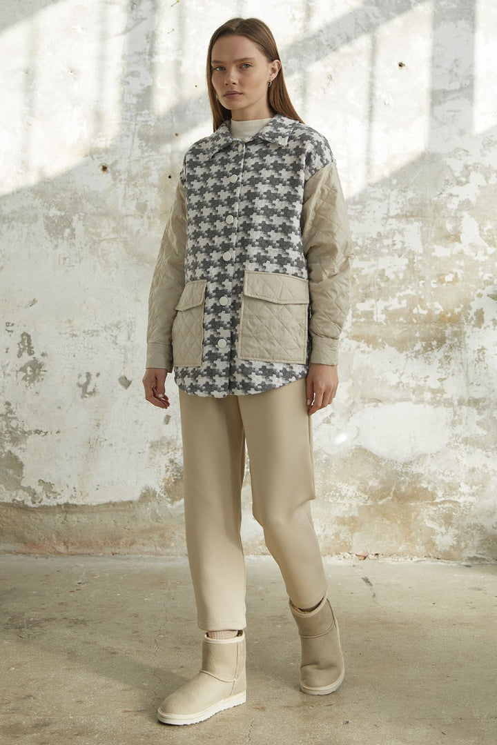 MDS Women Herringbone Pattern Quilted Jacket - Gray - Sant’Eufemia Lamezia