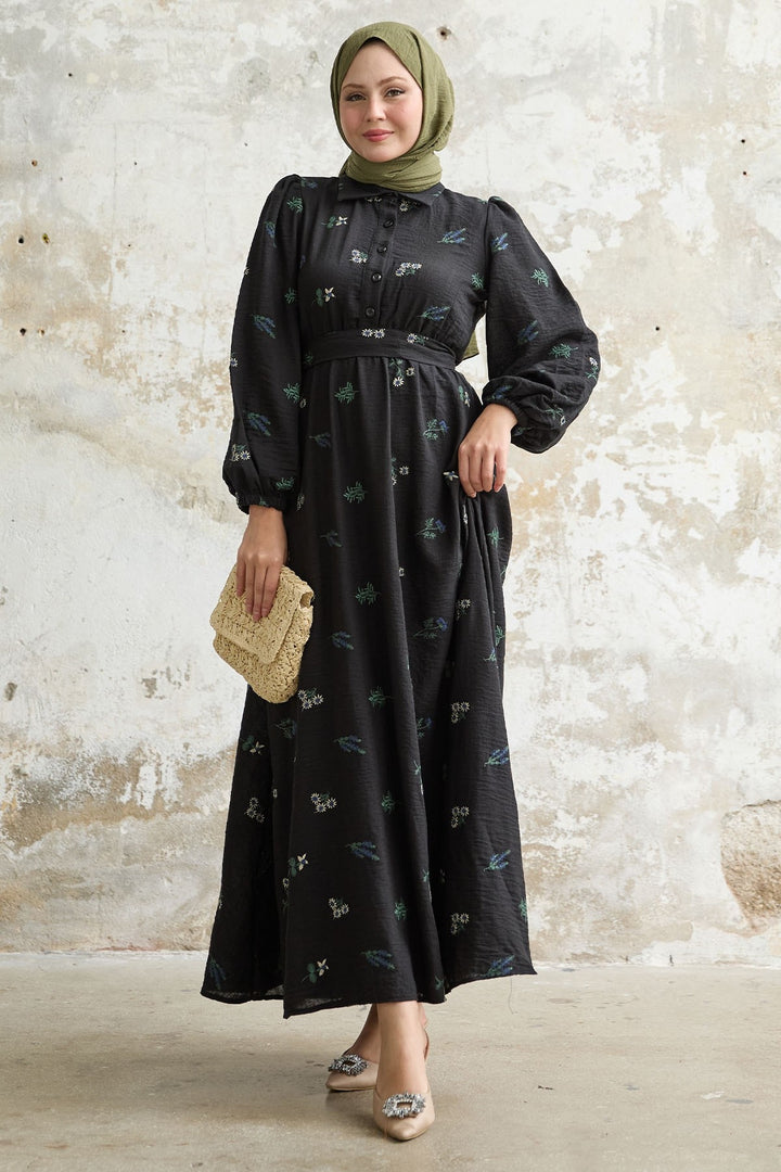 MDS Women Shirt Collar Embroidered Black Dress - Huntersville