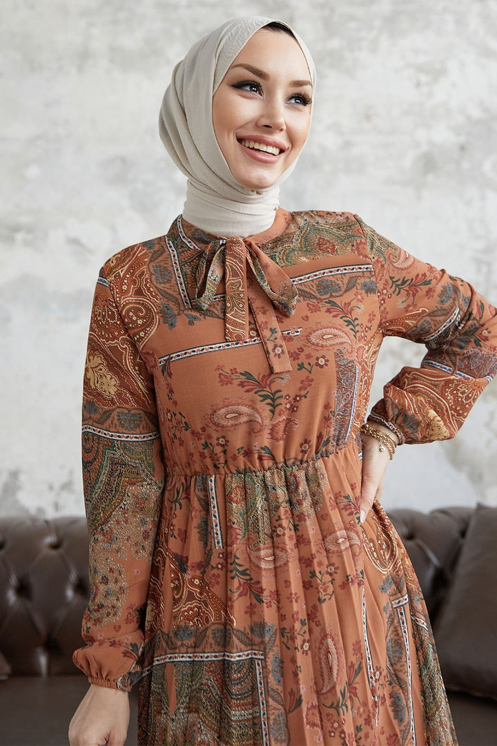 MDS Women Viera Shawl Patterned Collar Belted Chiffon Dress - Terracotta - Tepeji del Río de Ocampo