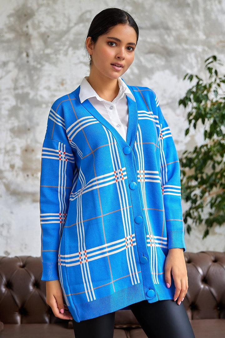 MDS Women Meri Checkered Knit Cardigan - Blue - Marinha Grande