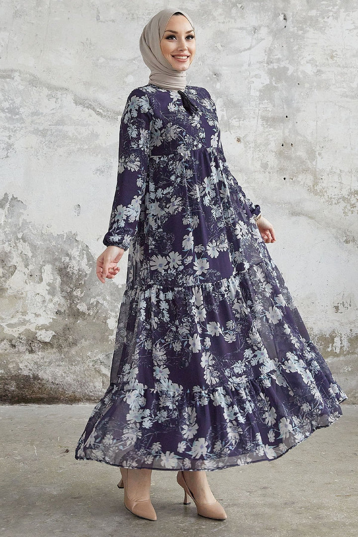 MDS Women Neda Flower Detailed Chiffon Dress - Dark Navy - Lancaster