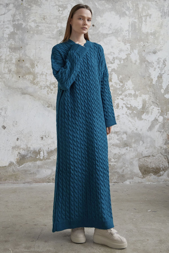 MDS Women Everly Knitted Patterned Sweater Dress - Petrol Green - Preston