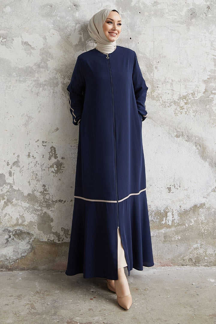 MDS Women Hazel Striped Patterned Abaya - Navy Blue - Halle