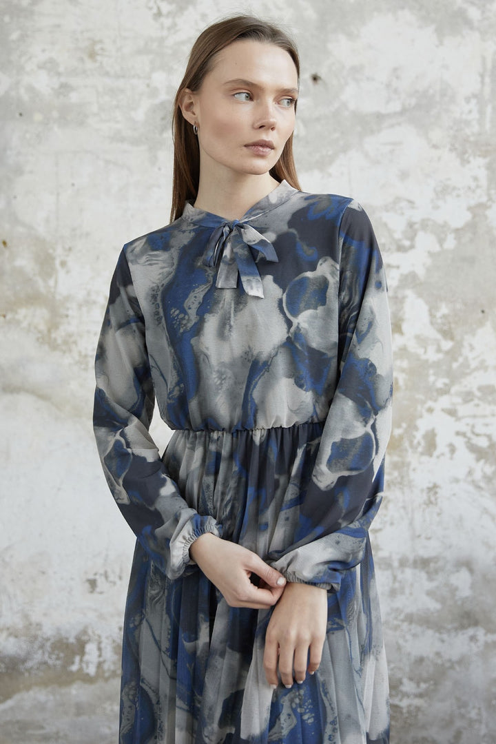 MDS Women Collar Belted Tulle Dress - Navy - Des Plaines