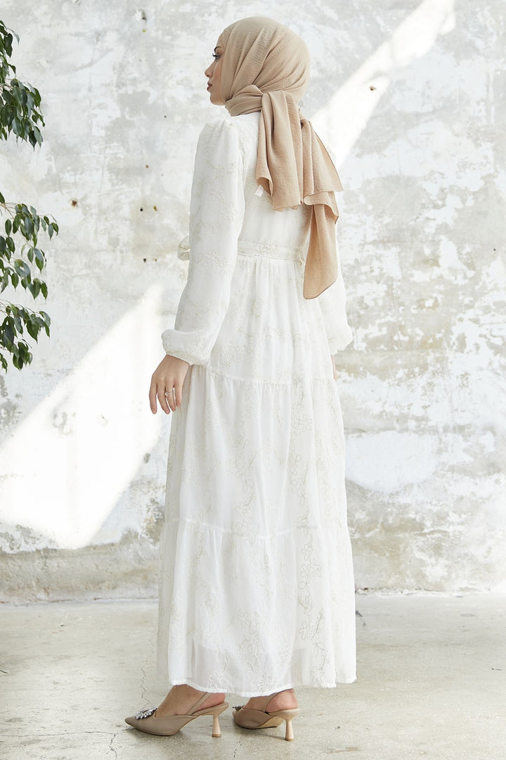 MDS Women Chiffon Dress with Flower Pattern Embroidery - White - Coevorden