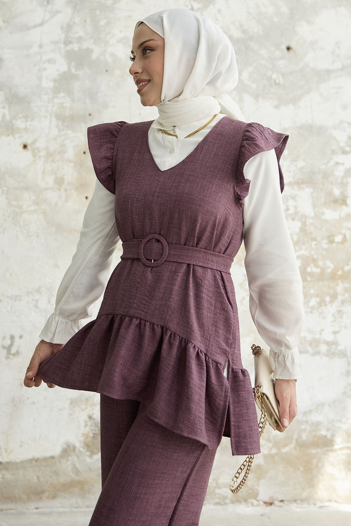 MDS Women Ruffled Shoulder Three-Piece Set - Purple - Tres Valles