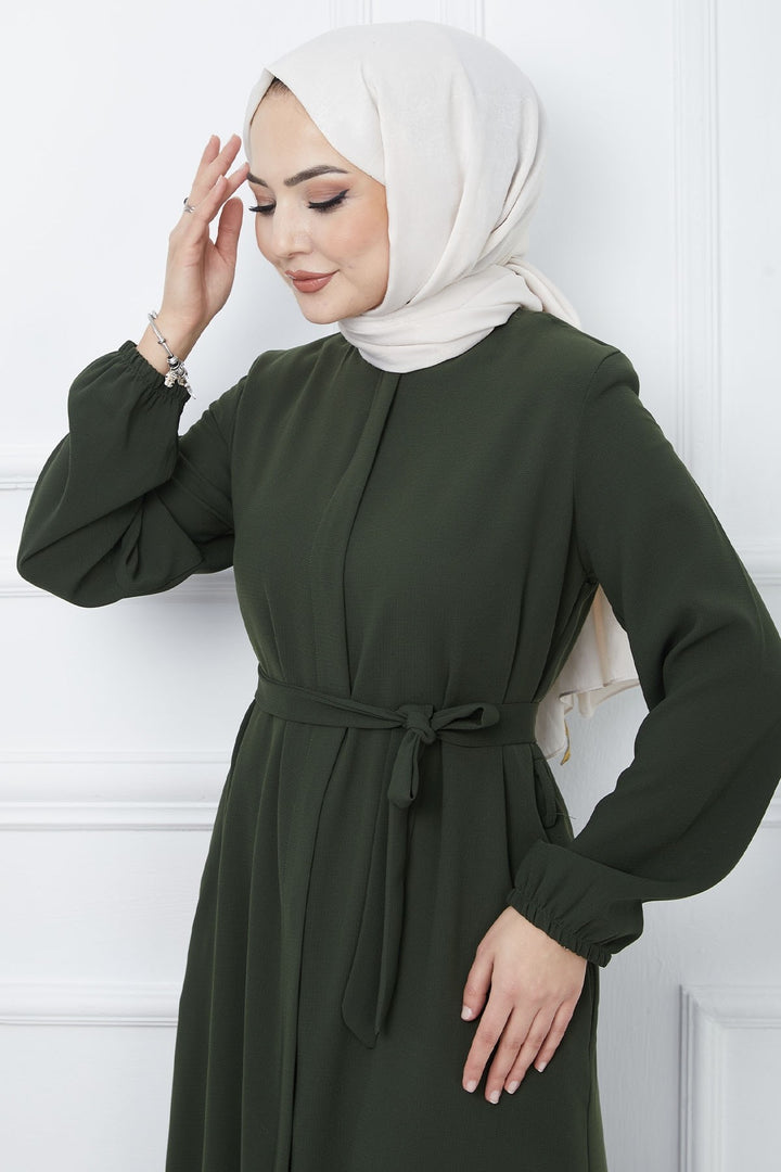 MDS Women Belted Honeycomb Fabric Abaya - Khaki - Zhytomyr