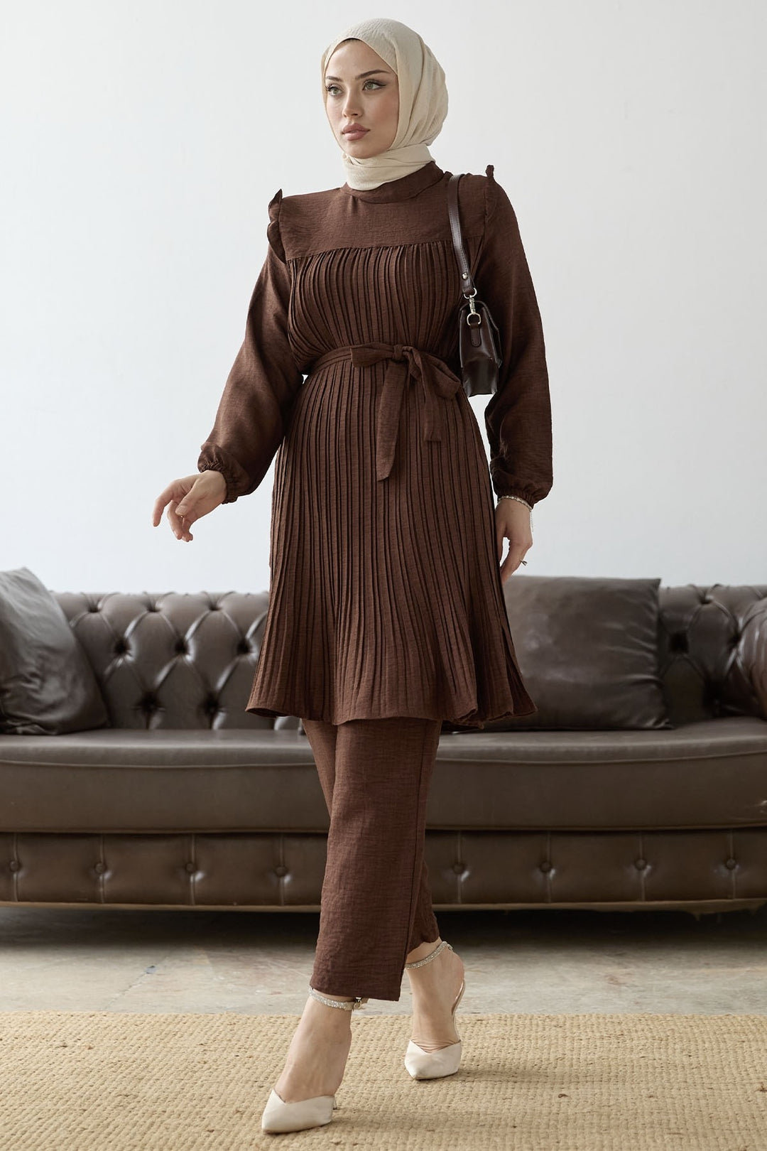MDS Women Front Pleated Ruffle Detail Set - Bitter Coffee - Coventry