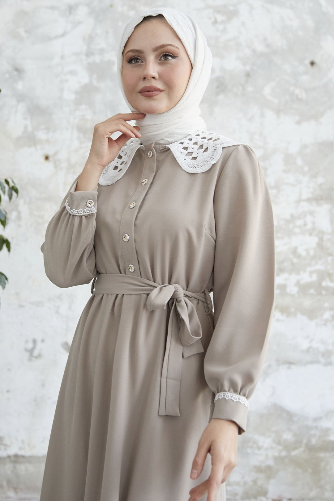 MDS Women Baby Collar Belted Dress - Beige - Brentwood