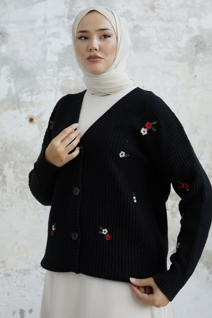 MDS Women Black Cardigan with Daisy Embroidery - Bornheim