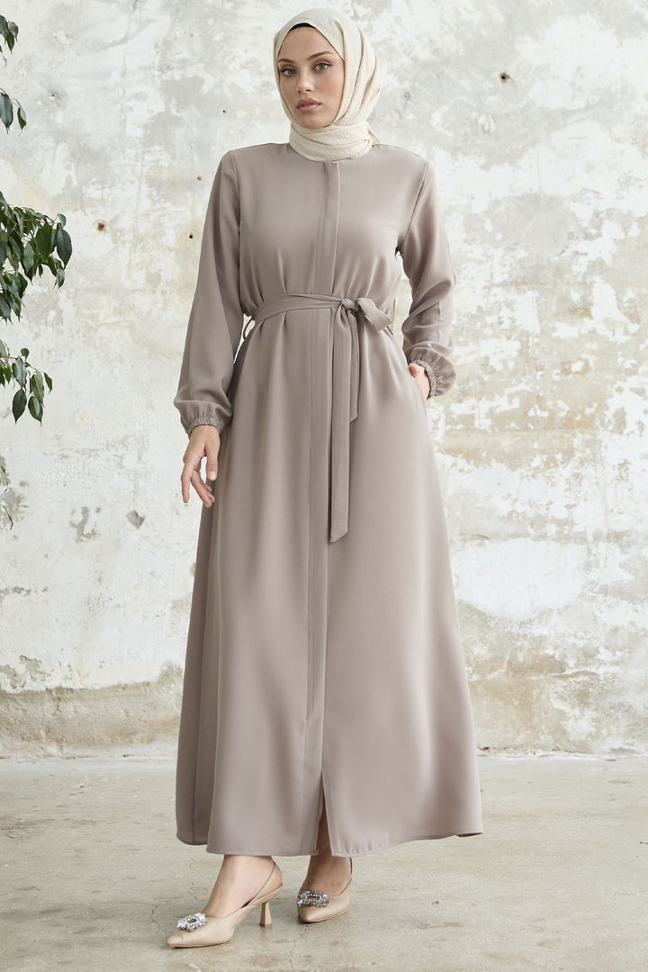 MDS Women Belted Honeycomb Fabric Abaya - Beige - Chula Vista