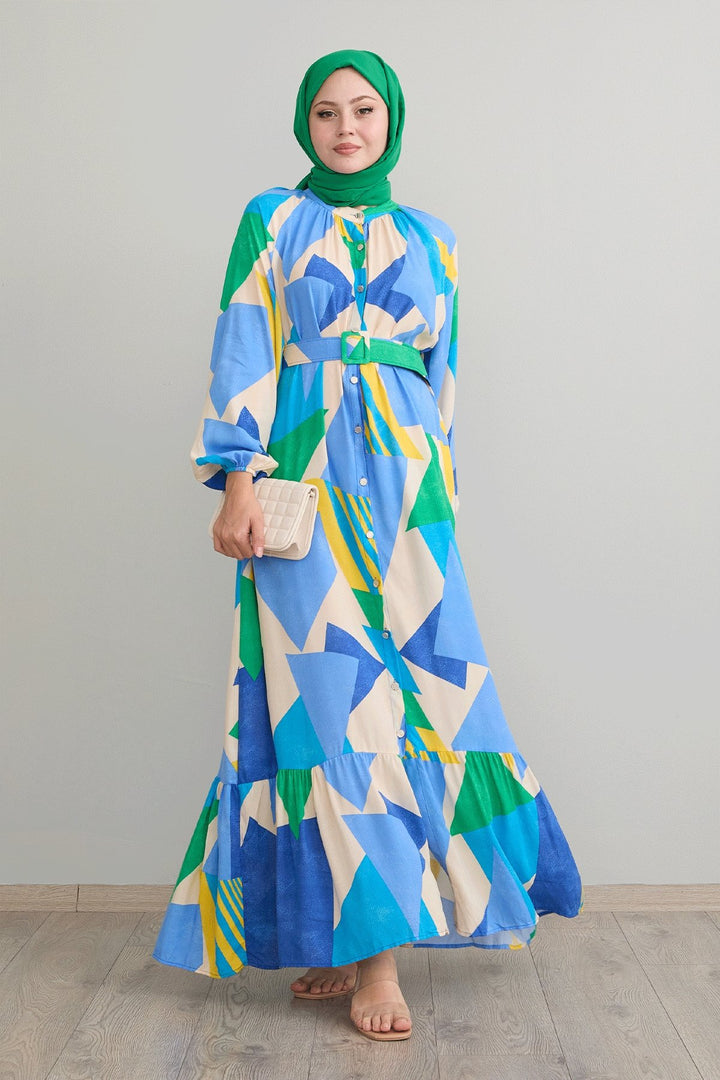 MDS Women Geometric Patterned Belted Blue Viscose Dress - Columbus