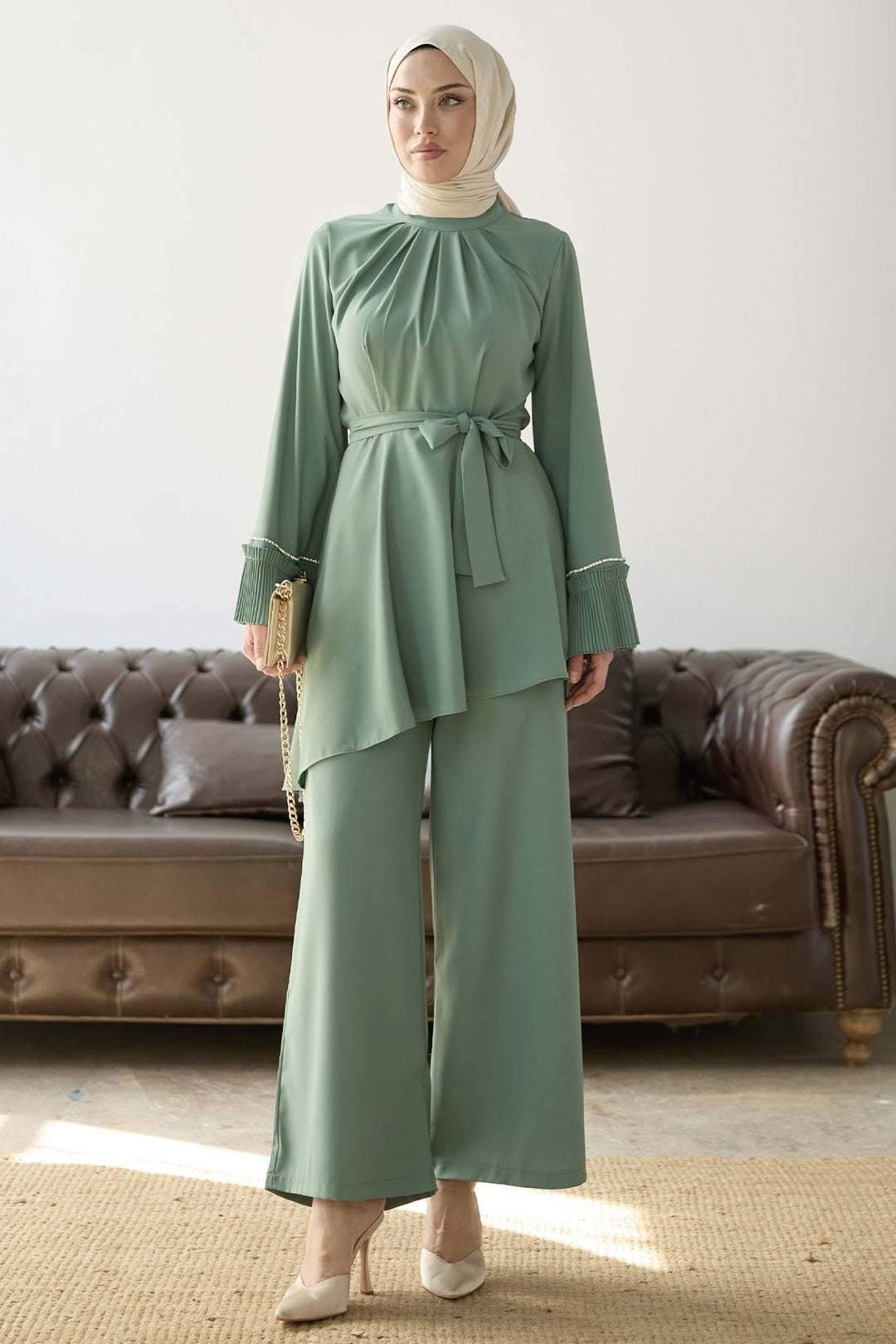 MDS Women Armhole Padded Belted Two Piece Set - Mint - Denver