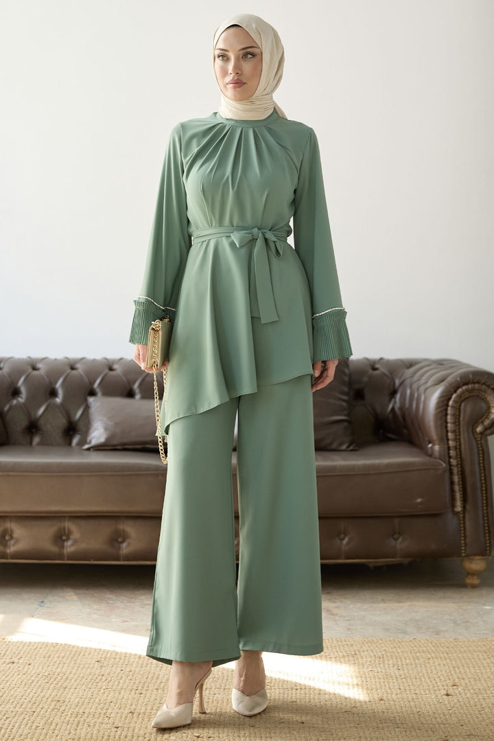 MDS Women Armhole Padded Belted Two Piece Set - Mint - Denver
