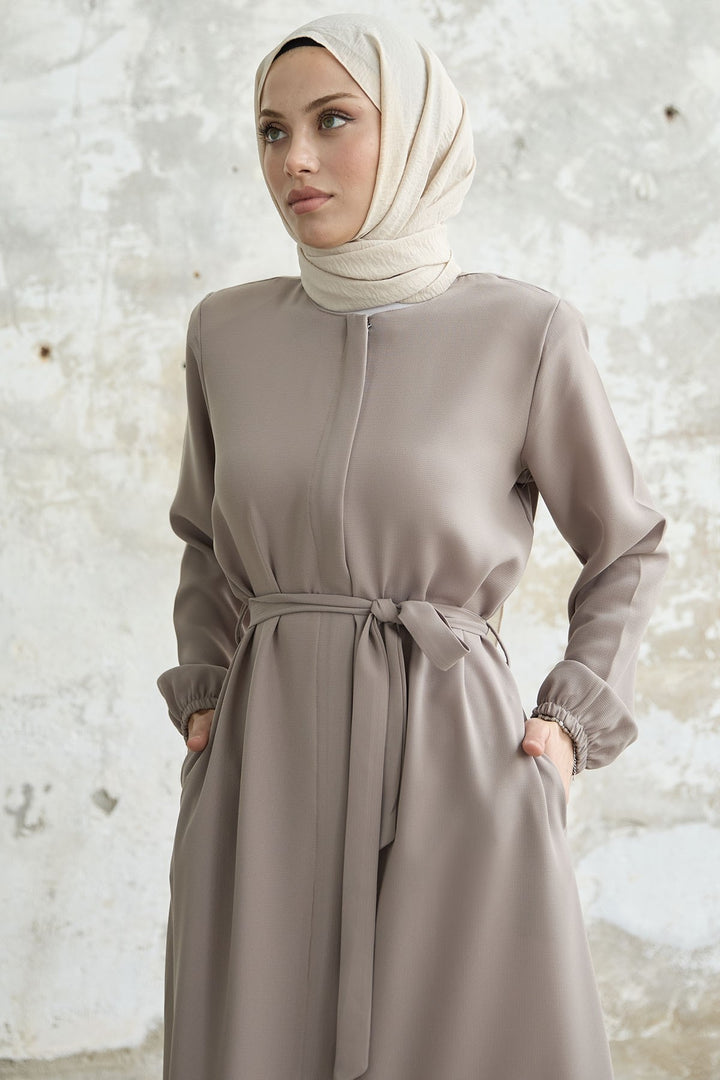 MDS Women Belted Honeycomb Fabric Abaya - Beige - Chula Vista