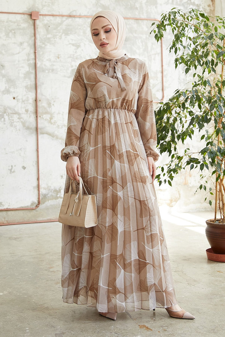 MDS Women Layla Patterned Chiffon Dress - Light Brown - Beja