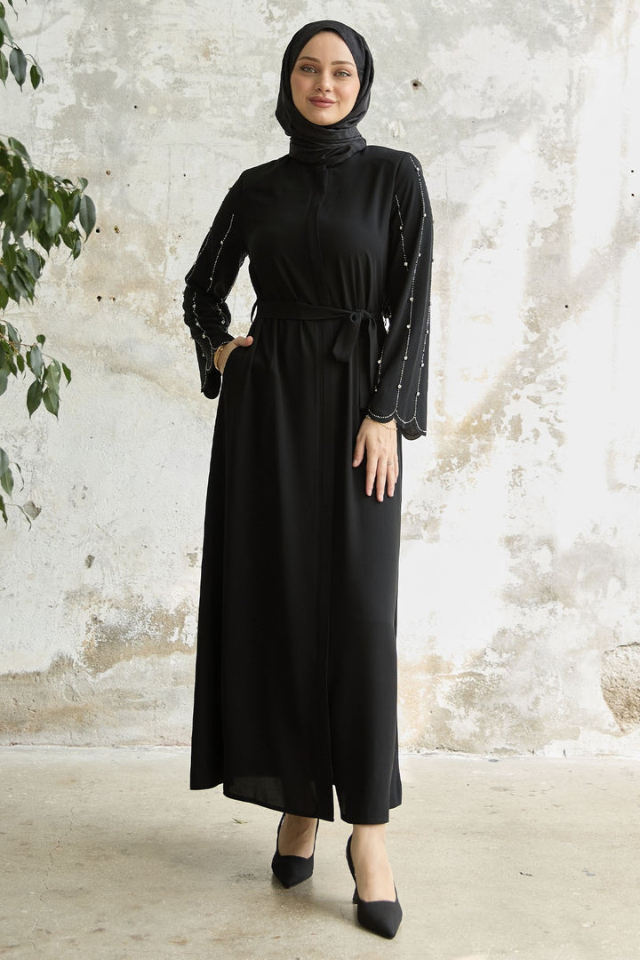MDS Women Sleeve Stone Processing Abaya - Black - The Hammocks