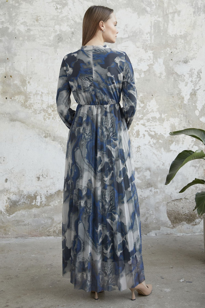 MDS Women Collar Belted Tulle Dress - Navy - Des Plaines