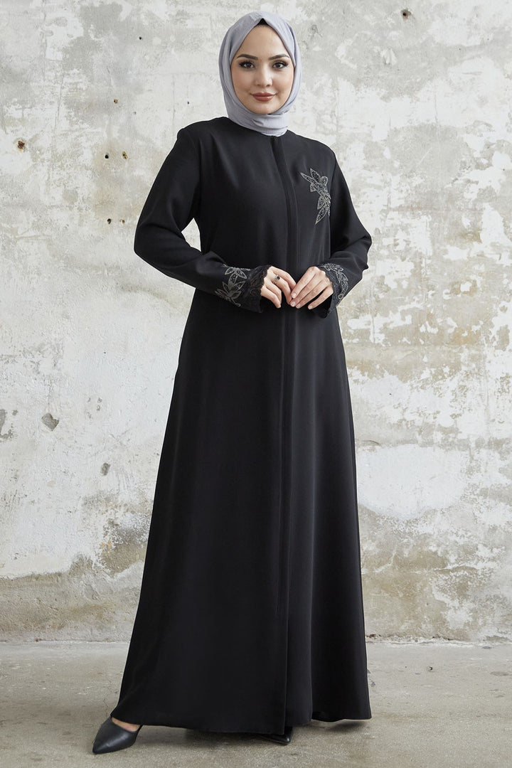 MDS Women Sleeve Flower Stone Abaya - Black - Catford