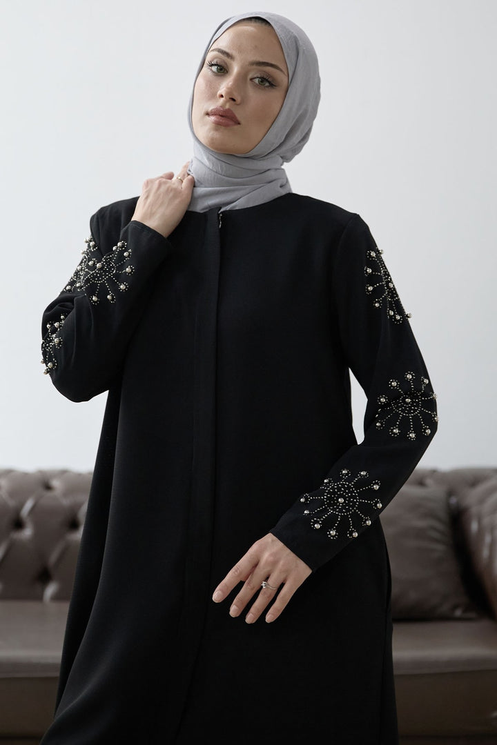 MDS Women Sleeves Pearl Stone Detail Abaya - Black - Ayr
