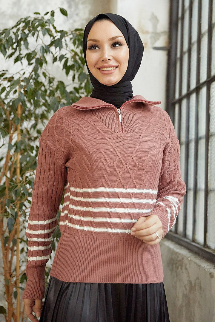MDS Women Sova Neck Zippered Striped Knit Sweater - Rose Pink - Greenburgh