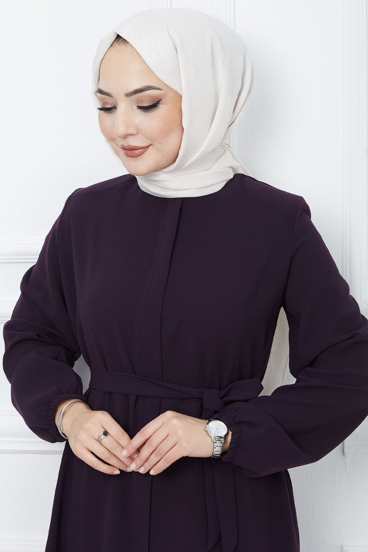 MDS Women Belted Honeycomb Fabric Abaya - Purple - Sète