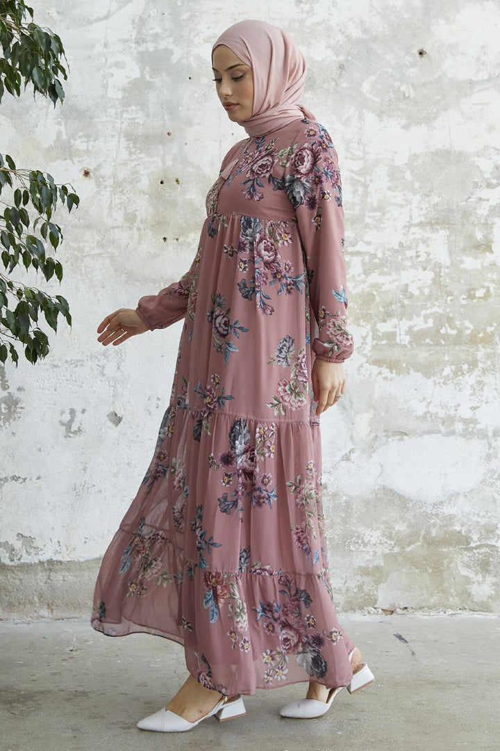 MDS Women Lace-Up Floral Chiffon Dress - Rose Pink - Silver Spring