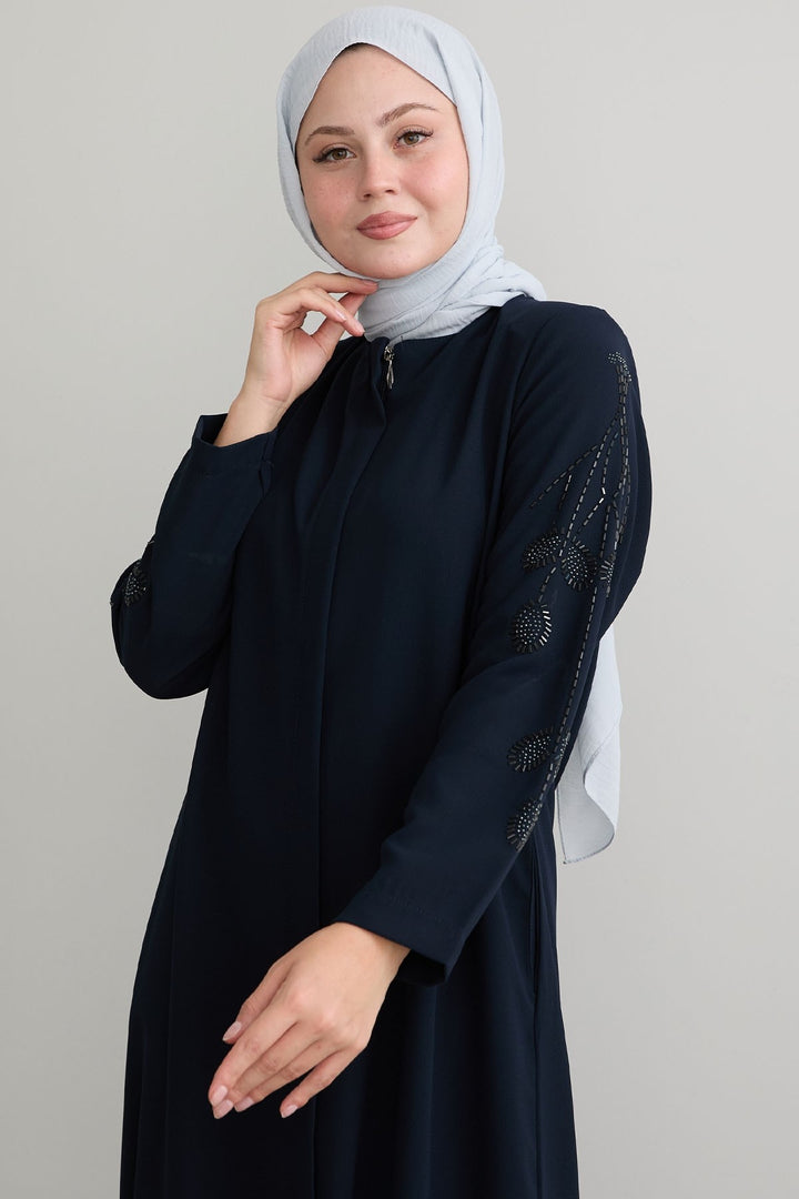 MDS Women Navy Blue Abaya with Leaf Pearl Sleeves - Huntersville