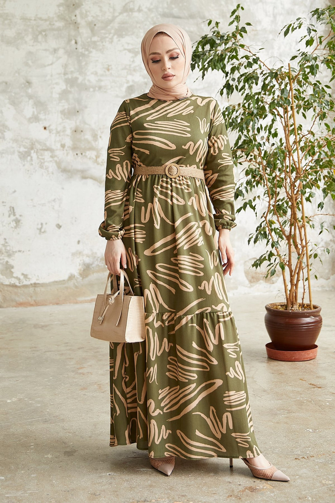 MDS Women Wicker Belted Dress with Vesa Pattern - Khaki - Ágios Dimítrios