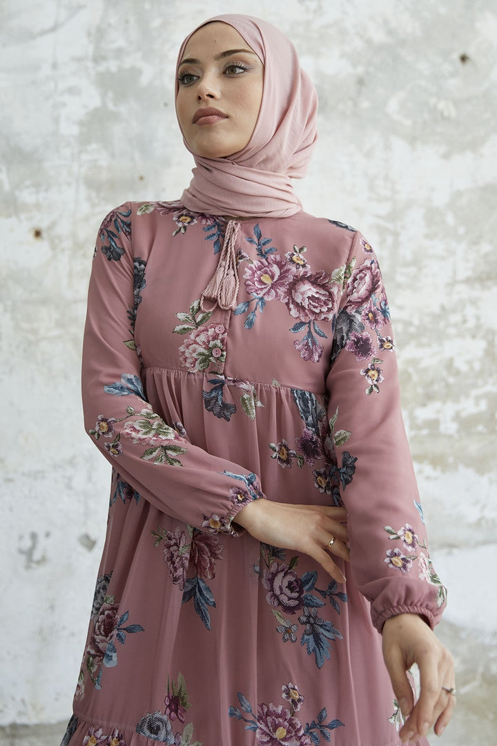 MDS Women Lace-Up Floral Chiffon Dress - Rose Pink - Silver Spring