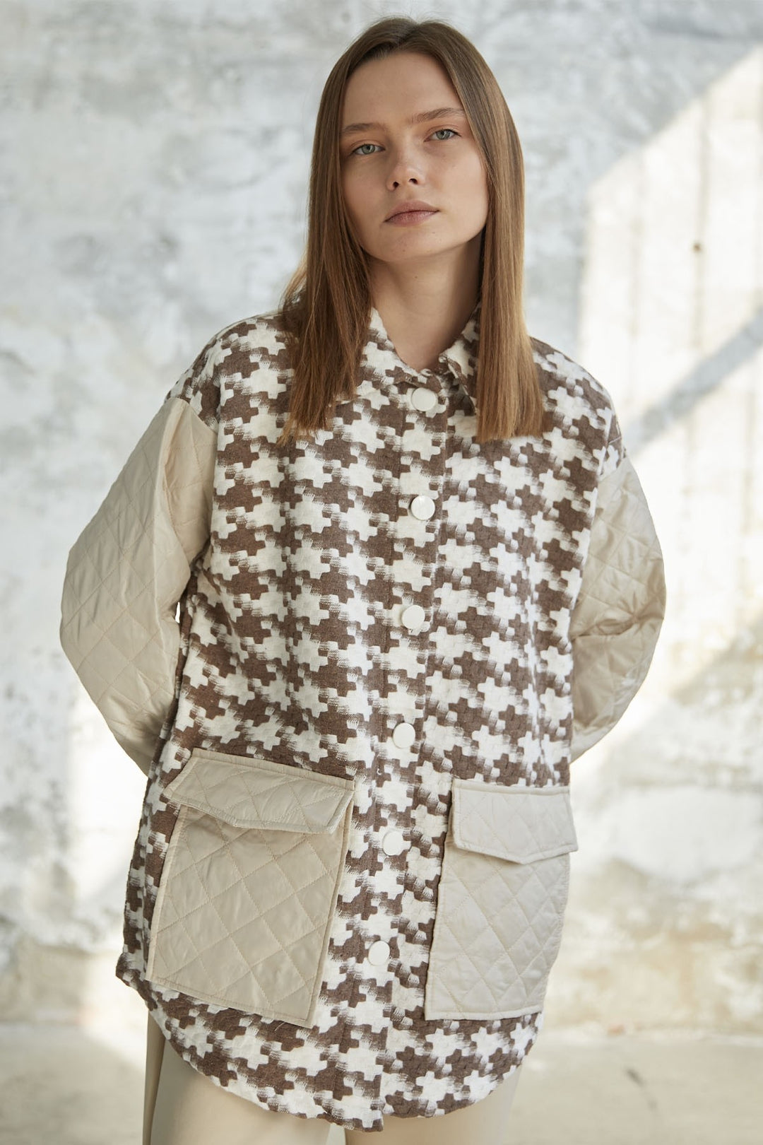 MDS Women Herringbone Pattern Quilted Jacket - Brown - Saint John