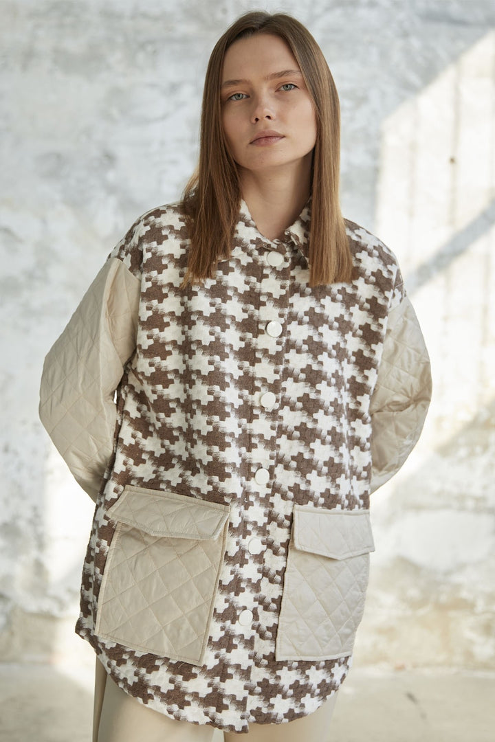 MDS Women Herringbone Pattern Quilted Jacket - Brown - Saint John