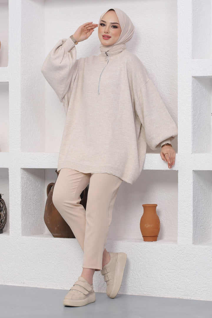 MDS Women Sara Zippered Knit Tunic - Ecru - Macuspana