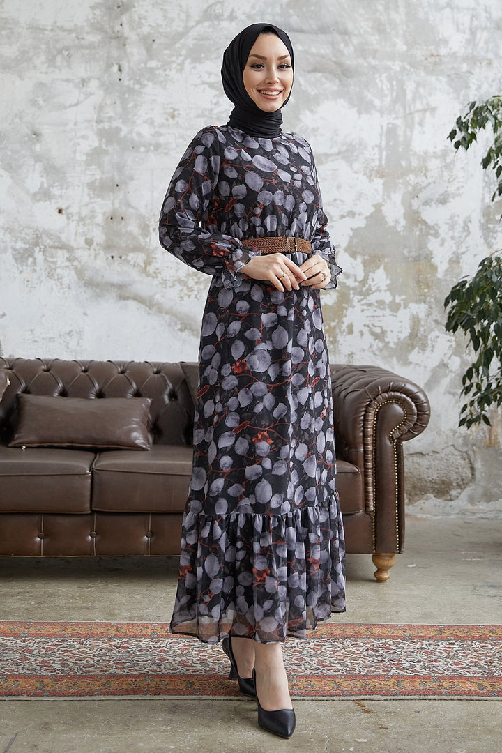 MDS Women Drop Pattern Belted Chiffon Dress - Anthracite - Bathurst
