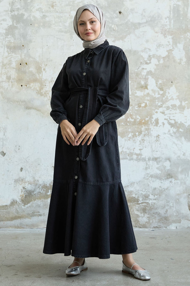 MDS Women Buttoned Belted Denim Dress - Black - Medicine Hat