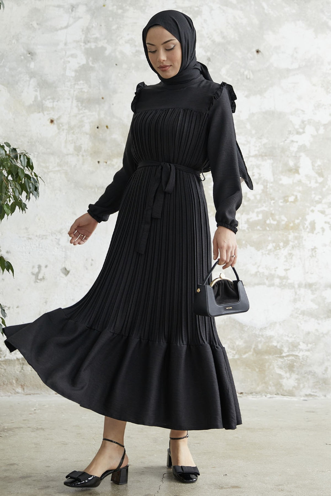 MDS Women Ruffle Trim Linen Dress with Puffed Shoulders - Black - Vitrolles