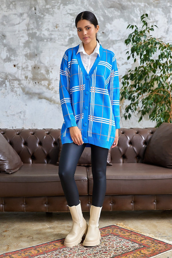MDS Women Meri Checkered Knit Cardigan - Blue - Marinha Grande